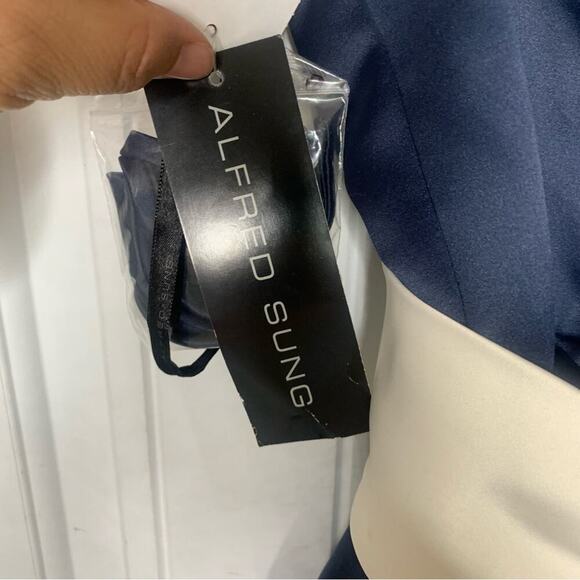 Alfred Sung satin color block retro tea length contrast trim bridesmaid dress 8 - Picture 5 of 8